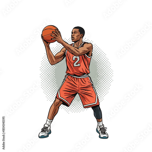 Dynamic Basketball Player in Red Uniform Holding Ball, Ready to Score Championship Points.
