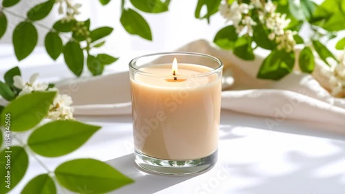 A lit candle with a soft glow in a glass holder surrounded by foliage and light.