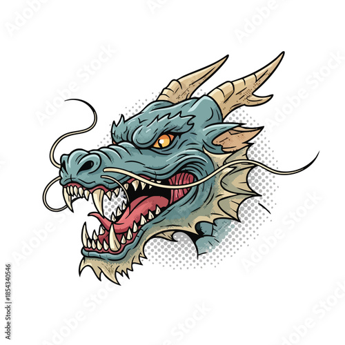 Fierce Asian Dragon Head Illustration: Symbol of Power and Mythology.