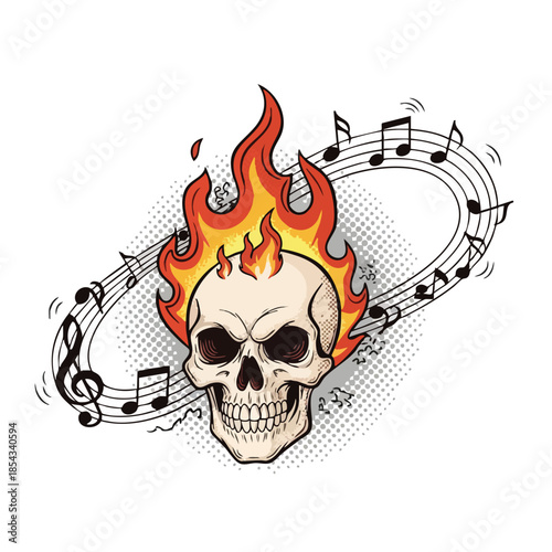 Fiery Skull with Music Notes and Flames Vector Illustration - Rock and Roll Concept.