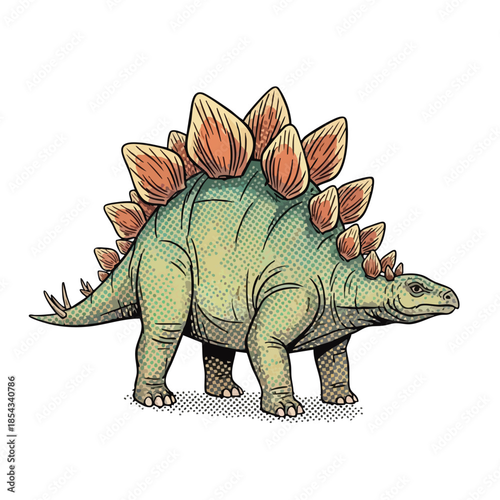 Fototapeta premium Illustration of a green Stegosaurus dinosaur with distinctive plates and tail spikes, in a retro comic book style.