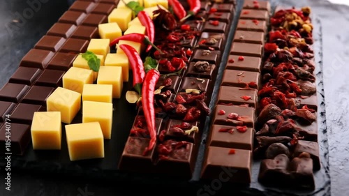 Close-up of assorted chocolates with cheese and chili peppers on a black surface