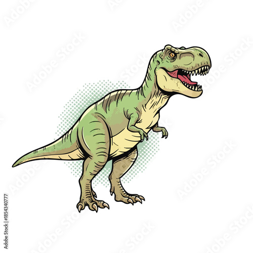 Illustration of a ferocious green Tyrannosaurus Rex dinosaur with its mouth open and teeth bared, isolated on a white background.