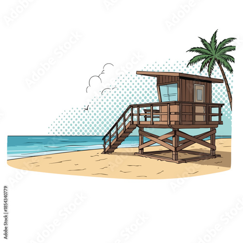 Iconic Lifeguard Tower on a Sandy Beach with Palm Tree and Ocean Waves.