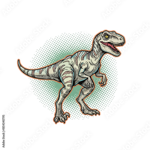 Illustration of a Velociraptor Dinosaur with a striking pose and detailed scales, perfect for educational and entertainment themes.