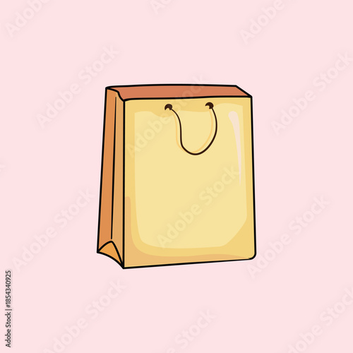 Classic yellow paper shopping bag with brown details on a light pink background. Ideal for retail, eco-friendly packaging, commerce, and gift-related branding designs.