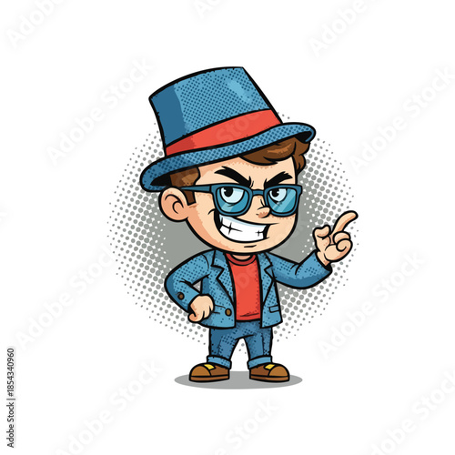 Naughty Boy Mascot with Glasses and Hat, Pointing Finger for Sales and Marketing.