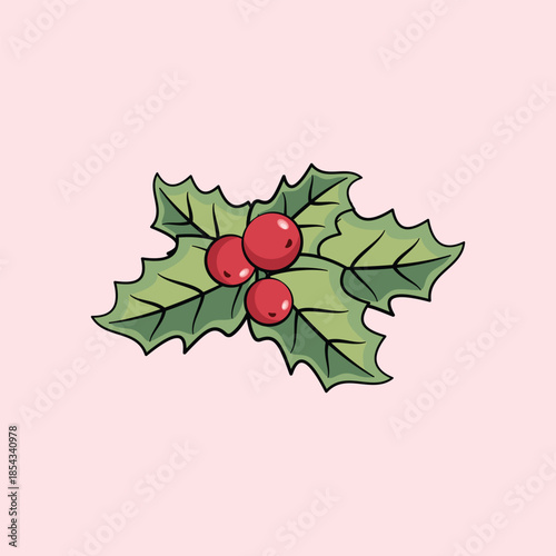 Festive green holly leaves with three bright red berries on a pink background. A classic winter holiday illustration perfect for Christmas cards and seasonal decorations.