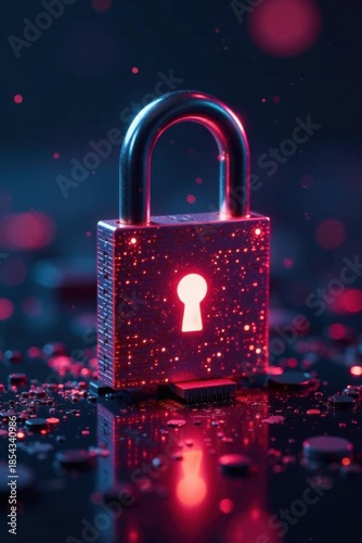 Futuristic padlock with glowing circuit board, technology, icon