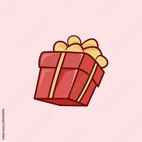 Red gift box with a large yellow bow on a soft pink background. A classic symbol for birthdays, Christmas, anniversaries, and surprise celebrations in a clean graphic style.