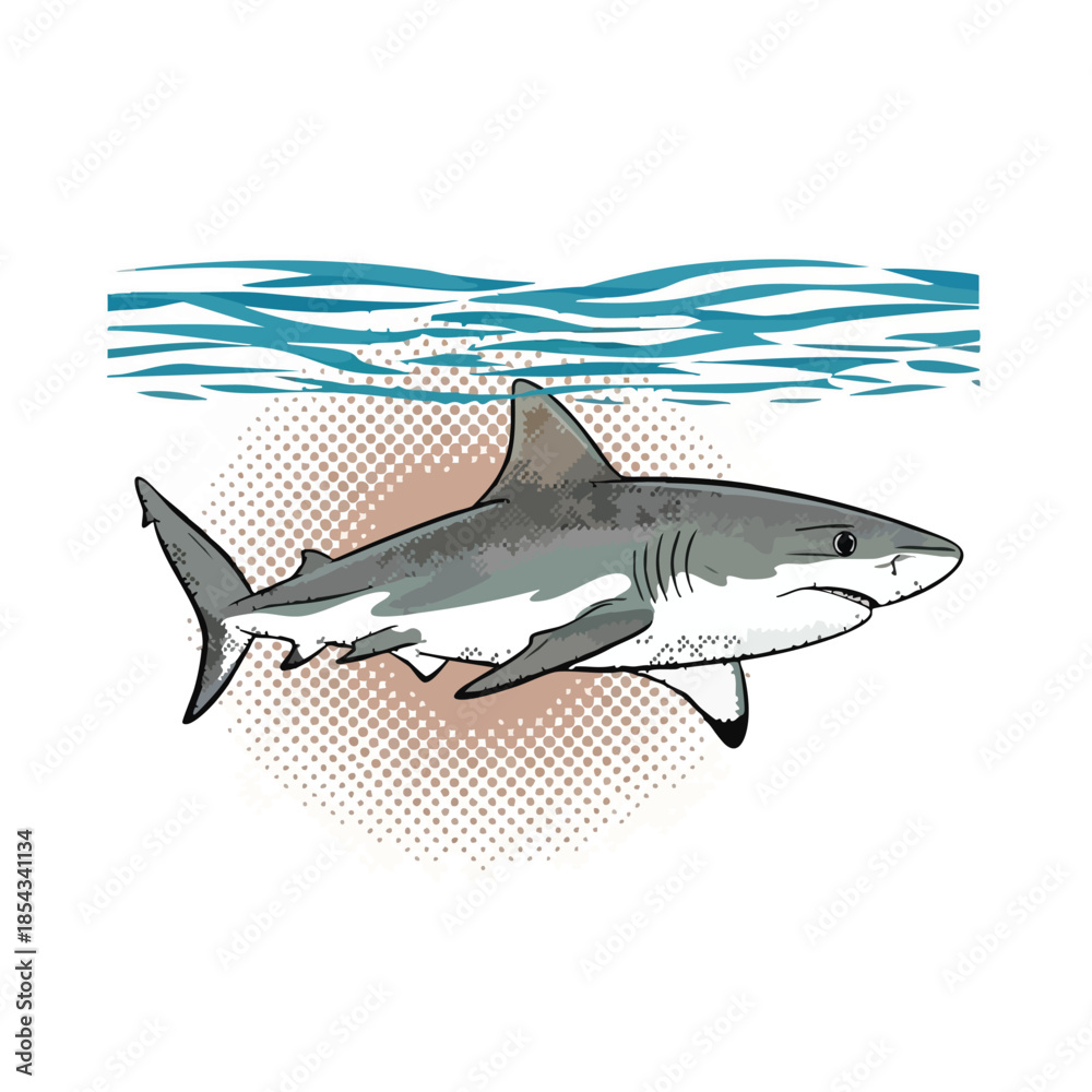 Fototapeta premium Predatory Shark Swimming Underwater with Waves Above.