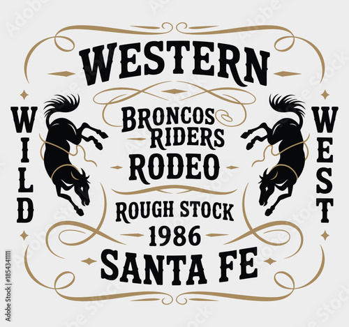 Broncos Riders Wild West Horseback Rodeo Vintage Classic Western Vector Artwork, Bold Retro Cowboy Illustration
