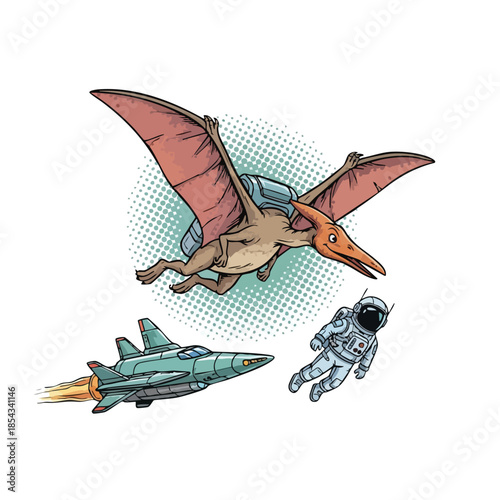 Pterodactyl, Astronaut and Spaceship in Flight - Creative Retro Style Vector Illustration.
