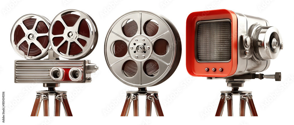 Fototapeta premium Vintage Film Equipment Showcase with Cinematic Reel and Retro Projector Style