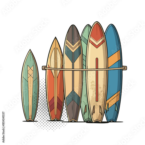 Row of Colorful Surfboards on Stand, Ready for Beach Adventure and Water Sports Recreation.