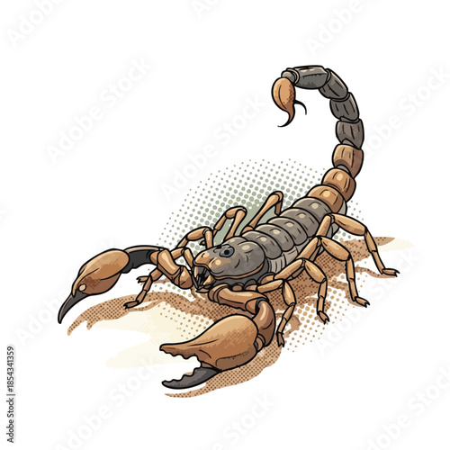 Scorpion Illustration: Dangerous Desert Arachnid Stance with Claws Raised and Tail Curved High.
