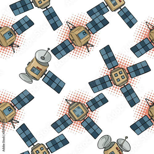 Seamless Pattern of Illustrated Satellites in Orbit, Vibrant Space Exploration Design.
