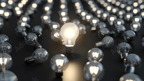 A bright lightbulb stands out amongst many, symbolizing innovation and ideas in a business context.