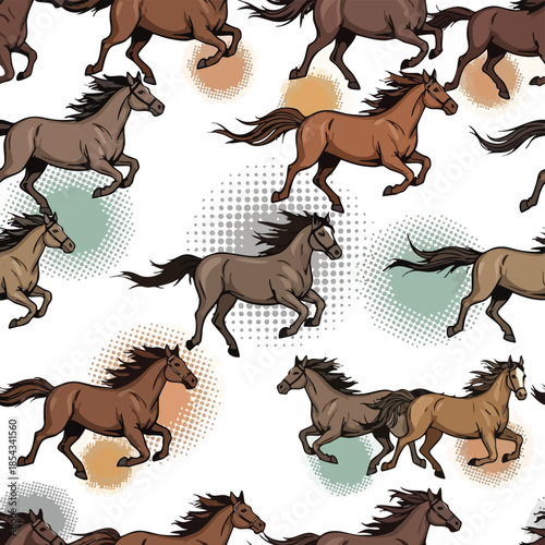 Seamless pattern of running horses in different colors, ideal for equestrian-themed designs.