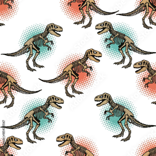 Seamless pattern of Tyrannosaurus Rex skeletons for educational and decorative purposes.
