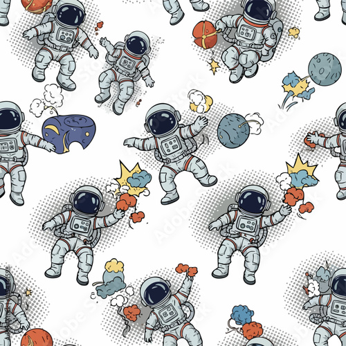Seamless Pattern of Whimsical Astronauts in Space Adventures with Comic Book Style Explosions.