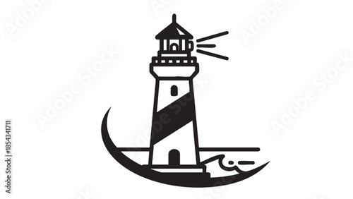 A black and white illustration of a lighthouse on a rocky coastline viewed from the side