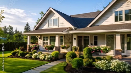 Beautiful house with landscaped yard on a sunny day with blue sky.