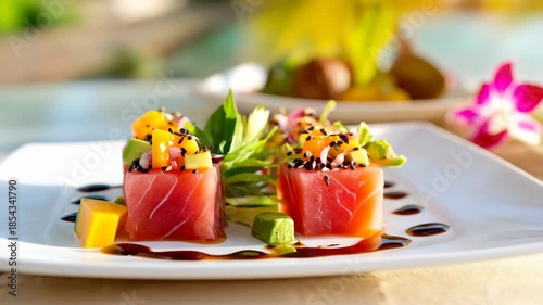 Close-up of a beautifully plated sushi roll with vibrant, colorful toppings and a side.