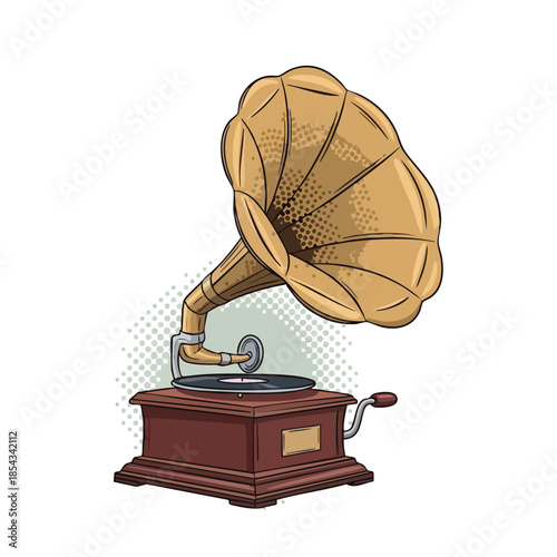 Vintage Gramophone with Horn and Record, Retro Music Player Vector Illustration.