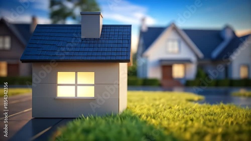 A miniature house with a lit window and other houses in the blurred background.