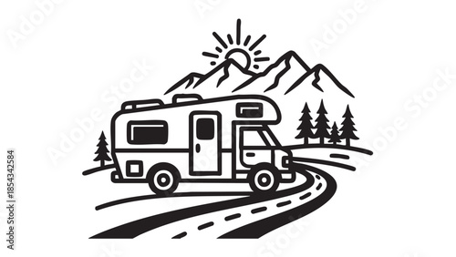 Recreational vehicle traveling on a scenic mountain road surrounded by trees and mountains