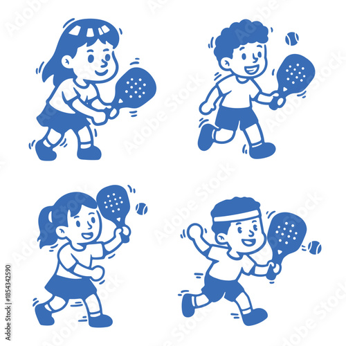 Happy Kids Playing Paddleball Fun Vector Illustration Set
