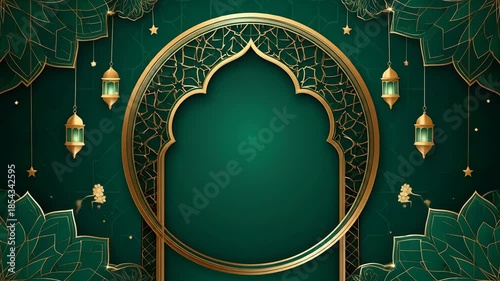 Elegant Islamic design with gold accents and green background, perfect for Ramadan.