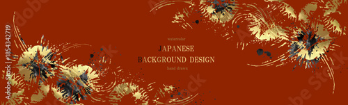 和風背景素材 金箔と墨の抽象デザイン 赤とゴールドの豪華なフレーム/ベクター、イラスト