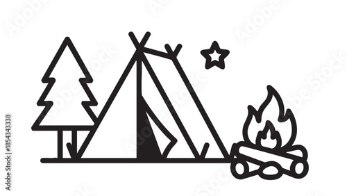 Camping scene with tent, tree, and campfire under starry night sky illustration