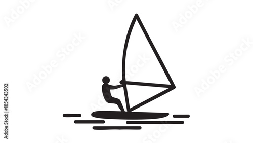 A person windsurfing on calm waters with a sail tilted at an angle.