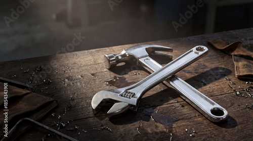 Two wrenches resting on a wooden workbench in workshop lighting  