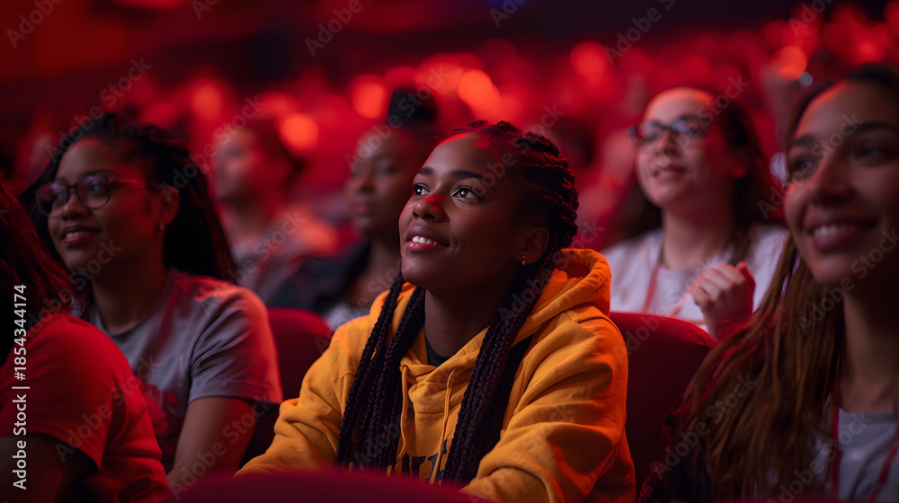 Obraz premium Young woman watching live performance in crowded theater audience, emotional cinematic moment showing focus, inspiration, diversity, and shared cultural experience