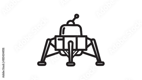 A lunar module lands on the moon's surface in a stark, barren environment from a frontal viewpoint.