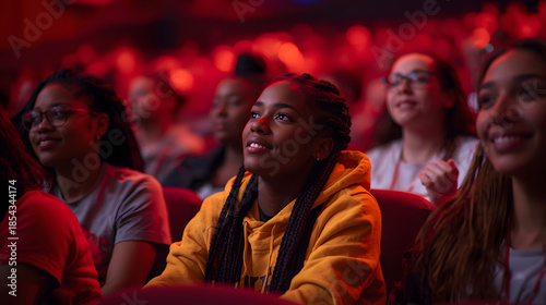 Young woman watching live performance in crowded theater audience, emotional cinematic moment showing focus, inspiration, diversity, and shared cultural experience