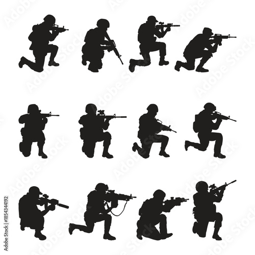 Silhouettes of military soldiers in tactical combat positions