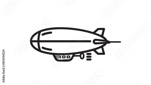 A black and white illustration of a blimp flying through the air