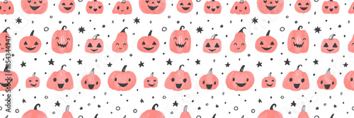 Cute pink Halloween pattern with pumpkins and pastel creates a girly autumn vibe. Seamless design features whimsical pumpkin illustrations perfect for festive fall decor.