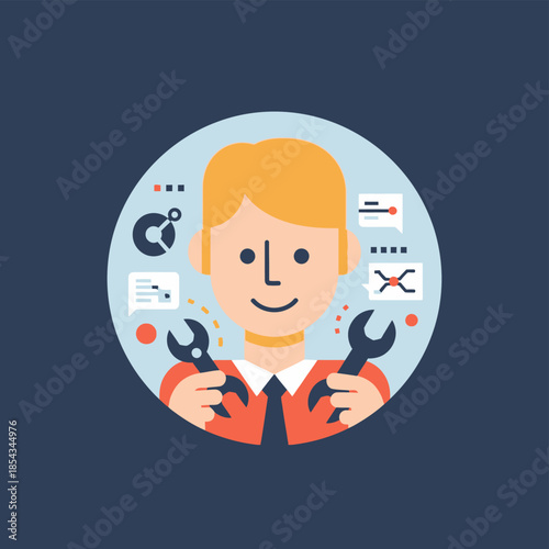 Cartoon Man Holding Wrenches Smiling.