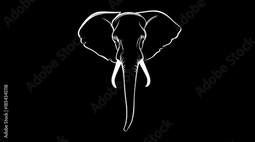 Majestic elephant head outline illustration on black background. Minimalist white line art graphic design of African animal.