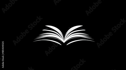 Abstract open book icon on black background, symbolizing education, knowledge, and learning. Minimalist vector illustration for wisdom and reading.