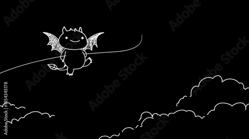 Whimsical flying fantasy creature illustration with small wings and tail in a minimalist black and white night sky with clouds.