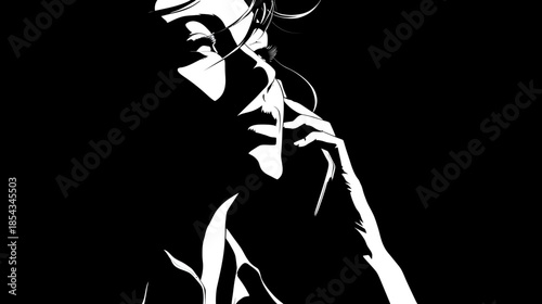 Dramatic black and white silhouette of a pensive woman in profile, high contrast illustration of female beauty and mystery