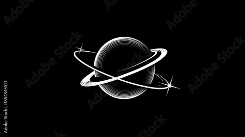 Sleek Abstract Planet with Rings on Black Background, Futuristic Orb and Orbiting Elements, Modern Space Science & Technology Concept