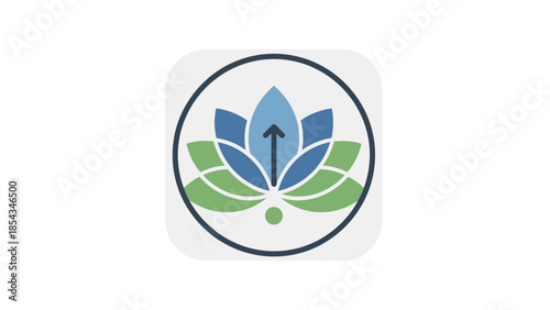 A modern app icon featuring a stylized blue and green lotus flower with an upward arrow in the center, symbolizing growth and mindfulness.